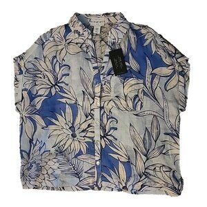 Medium Halston Linen Shirt Blouse Top Blue White Floral Boxy Cool Oversized